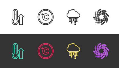 Sticker - Set line Meteorology thermometer, Celsius, Cloud with rain and Tornado on black and white. Vector