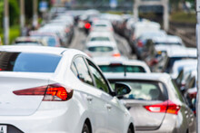 Traffic Jam Or Congestion In Blur On Three Lanes. Defocused Car Gridlock Backdrop