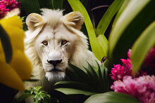 Magnificent White Lion With A Wreath Of Flowers On His Head Peeks Out Of The Jungle. Amazing Tropical Fauna Pattern For Print, Web, Greeting Cards, Wallpapers, Wrappers. 3d Illustration