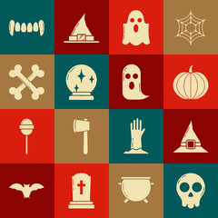 Sticker - Set Skull, Witch hat, Pumpkin, Ghost, Magic ball, Crossed bones, Vampire teeth and icon. Vector