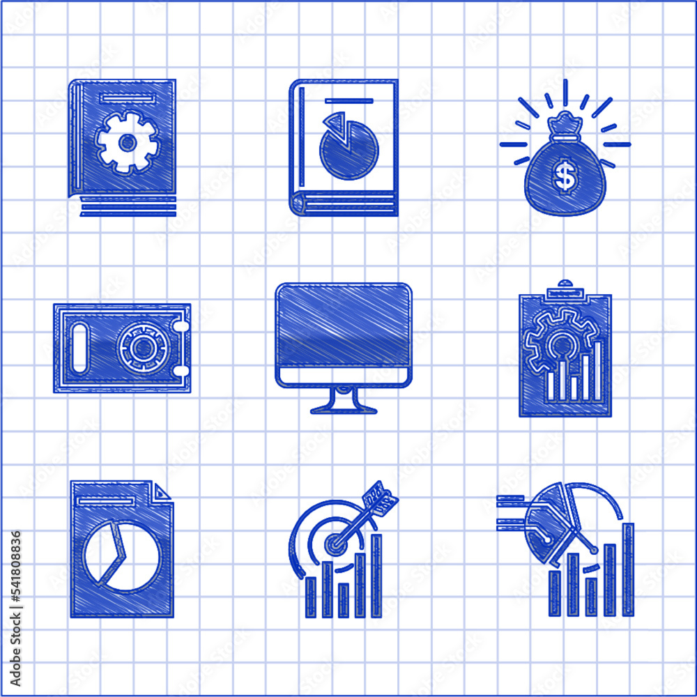 Set Computer monitor screen, Target with graph chart, Pie infographic ...