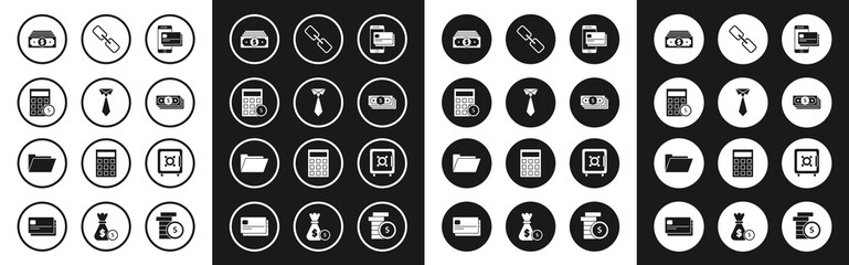 Poster - Set Mobile phone and credit card, Tie, Calculator with dollar symbol, Stacks paper money cash, Chain link, Safe and Document folder icon. Vector