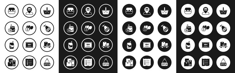 Poster - Set Shopping basket, Price tag for egg, Cigarettes pack box, Chicken, Healthy organic pear, Location Market store, Hand truck and boxes and Soda can icon. Vector