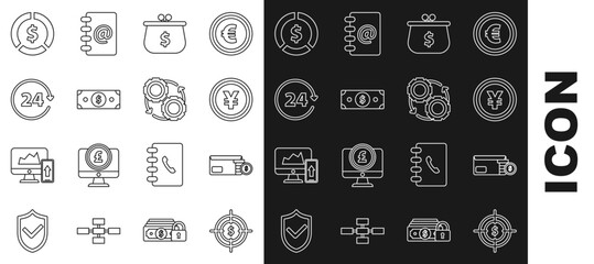 Poster - Set line Target with dollar symbol, Envelope coin, Coin money Yen, Wallet, Stacks paper cash, Clock 24 hours, and Gear and arrows workflow process concept icon. Vector