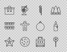 Set Line Christmas Star, Lollipop, Firework Rocket, Cookie Biscuit With Chocolate, Gift Box, Holiday Gingerbread Man Cookie, Paper Shopping Bag And Burning Candle Candlestick Icon. Vector