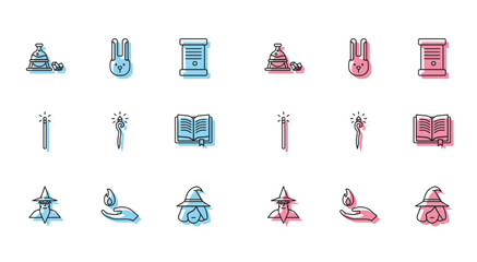 Sticker - Set line Wizard warlock, Hand holding fire, Witch cauldron magic stone, Magic staff, Ancient book, wand and Rabbit with ears icon. Vector