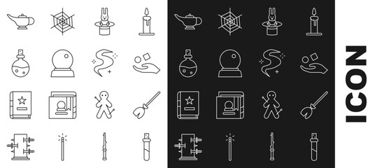 Sticker - Set line Bottle with love potion, Witches broom, Cube levitating above hand, Magician hat rabbit, ball, lamp or Aladdin and fog smoke icon. Vector