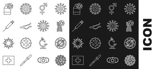 Canvas Print - set line virus, stop virus, dna symbol and, gender, ebola disease, syringe, bottle with and icon. ve