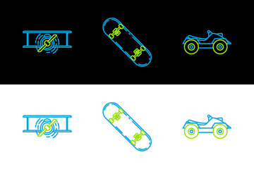 Sticker - Set line All Terrain Vehicle or ATV motorcycle, Old retro vintage plane and Skateboard icon. Vector