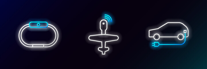 Poster - Set line Electric car, Smartwatch and UAV Drone icon. Glowing neon. Vector