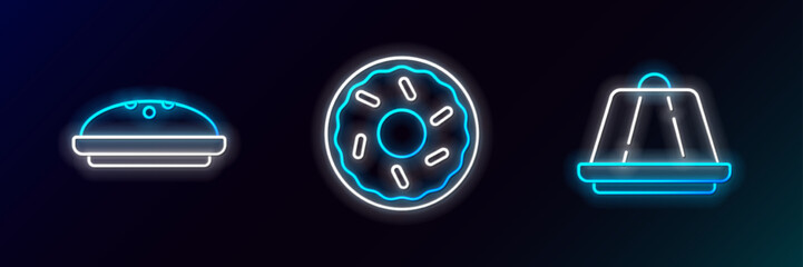 Poster - Set line Pudding custard, Homemade pie and Donut icon. Glowing neon. Vector