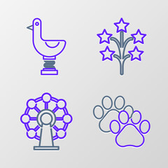 Sticker - Set line Paw print, Ferris wheel, Fireworks and Riding kid duck icon. Vector