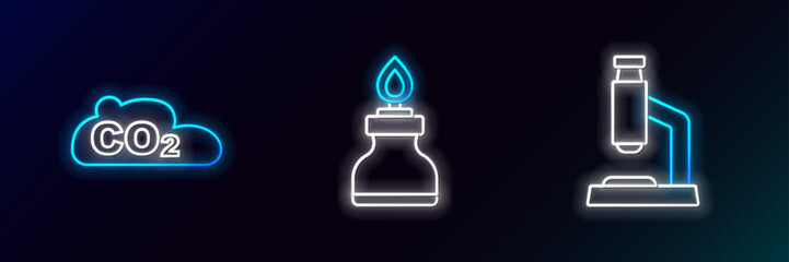 Set line Microscope, CO2 emissions in cloud and Alcohol or spirit burner icon. Glowing neon. Vector