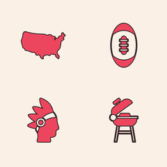 Sticker - Set Barbecue grill, USA map, American Football ball and Native Indian icon. Vector