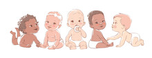 Multicultural Group Of Cute Little Little Baby Boys And Baby Girls In A Diapers Sitting On A White. Active Baby Of 3-12 Months. First Year Baby Development. Newborn Crawling And Smiling.