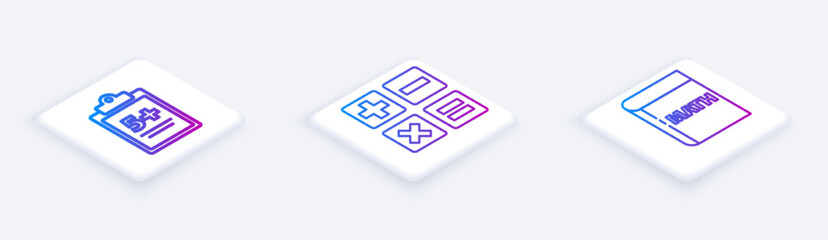 Sticker - Set Isometric line Mathematics function sine, Feather and inkwell and Triangle math. White square button. Vector