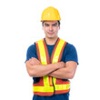 © suphaporn - Portrait young architect man engineering wearing yellow helmet , He standing arms crossed isolated on white background with copy space