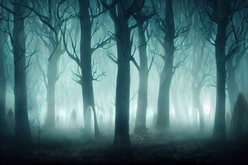 Wall Mural - Spooky ghostly silhouettes in night forest. Fog and mysterious glow, creepy horoor story atmosphere, generative AI illustration