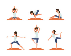 Sticker - Young Woman Standing in Yoga Pose and Asana on Mat Practicing and Stretching Vector Set