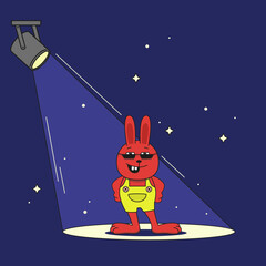 Cartoon red rabbit on the stage in the spotlight.