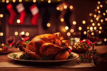 Juicy and tasty roast turkey on plate with Christmas decoration