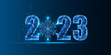 Abstract Blue 2023 Happy New Year Digital Web Banner With Snowflake In Futuristic Glowing Style