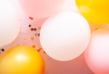 Colorful Pink, Gold And White Air Balloons On Rosy Background, Beautiful Design Element