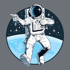 Wall Mural - Astronaut in space pointing and showing thumb up gesture. Positive thinking or success concept. Vector illustration.