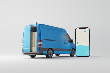 Canvas Print - Delivery truck with cardboard boxes and a phone with a map application and route. Concept for delivering goods, using location, GPS. 3D rendering, 3D illustration.