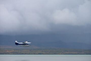  Remote travel by float plane, landing and taking off on Nak Nak lake, Katmai National Park, Alaska
