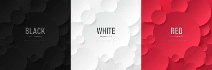 Wall Mural - set of black, white, red 3d round circles overlap background in papercut style. minimal simple flat 