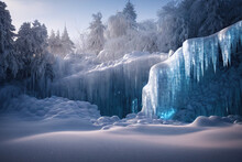 Winter Frozen Waterfall Landscape With Snow And Ice, White And Blue, Ice Stalactites, Icicles, Fantasy Landscape, Christmas Card Frozen Forest With Amazing Lightning