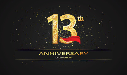 Wall Mural - 13 Year Anniversary celebration Vector Design with red ribbon and glitter. 13th Anniversary celebration. Gold Luxury Banner of 13th Anniversary. celebration card