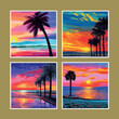 Evening beach with palm trees. Colorful picture rest. Vector illustration . Orange sunset blue sky. Palmy Island. Summer sunset again .Tropical sunrise with pink gradient sun palm trees silhouette 