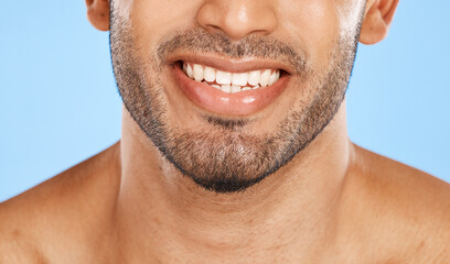 Sticker - Teeth, mouth and beard of a man with a smile for dental, health and wellness against a blue studio background. Healthcare, lips and face of a happy and clean model with results from care for tooth