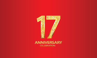 Wall Mural - 17 Year Anniversary celebration Vector Design with red background and glitter. 17th Anniversary celebration. Gold Luxury Banner of 17th Anniversary. vector illustration