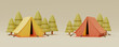 Campsite in nature with tent and elements for camping, summer camp, traveling, trip, hiking. 3d rendering.