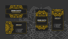 Luxury Black Business Card With Yellow Mandala Decoration Designs, Bright Floral Ornamental Elements