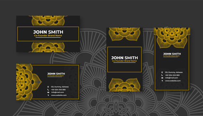 Luxury black business card with yellow mandala decoration designs, Bright floral ornamental elements