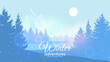 © Goldenboy_14 - Vector illustration. Snowy weather. Natural tree silhouettes. Mountain with sun on backdrop. Flat style.