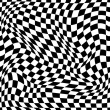 Optical Illusion. Warp Black Pattern. White Chessboard. Repeated Mesh. Monochrome Grid Print With Distorted Twirls And Waves. Checkered Wallpaper. Vector Seamless Current Background