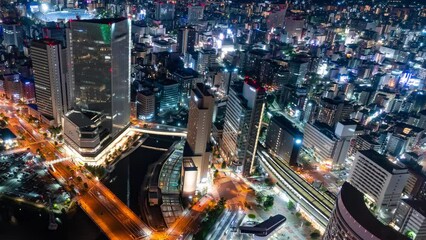 Canvas Print - 都市と道路の夜景の空撮　タイムラプス