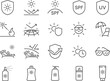 Sunscreen icon set. The icons included sun protection, sunbathing, sunglasses, uv, spf, and more.