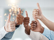 © Wesley J/peopleimages.com - Thumbs up, success hands and teamwork collaboration of office diversity team feeling job community. Thank you, winner and yes hand sign of people and staff together showing happy and goal gesture