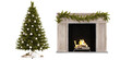 fireplace with christmas decorations isolate on white background. 3d render PNG files