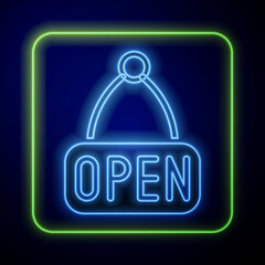 Wall Mural - Glowing neon Hanging sign with text Open door icon isolated on blue background. Vector