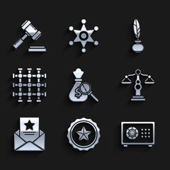 Sticker - Set Money bag and magnifying glass, Police badge, Safe, Scales of justice, The arrest warrant, Prison window, Feather inkwell and Judge gavel icon. Vector