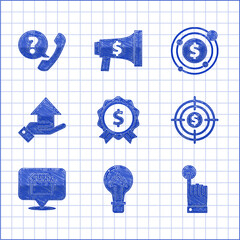 Sticker - Set Price tag with dollar, Light bulb, Hand touch and tap gesture, Target, Online shopping concept, Money hand, symbol and Telephone handset speech bubble chat icon. Vector