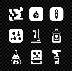 Sticker - Set Gaseous, Cracked flask, Pipette, Test tube on fire, Chemistry book, and, Chemical formula and icon. Vector