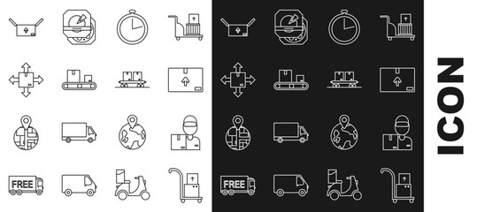 Poster - Set line Hand truck and boxes, Delivery man with cardboard, Cardboard traffic symbol, Stopwatch, Conveyor belt, and Railway carriage icon. Vector